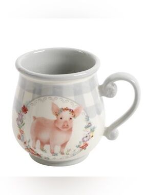 The Pioneer Woman Gray Gingham Pig Decal Country Chic Ceramic Coffee Tea Mug Cup